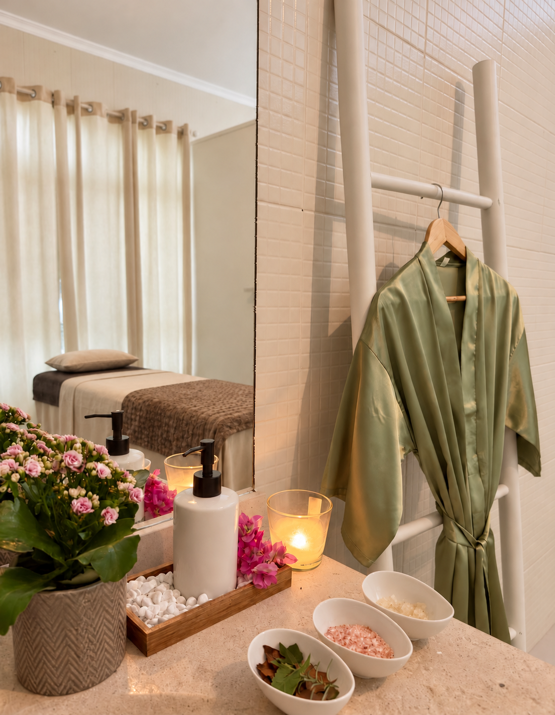 A sage-green robe, candles and salts at Rosemary